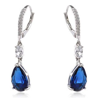 висящи сребърни обеци, капка, син циркон, родиево покритие