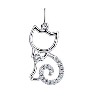 сребърен медальон, коте, подходящ за дете, цирконий, родиево покритие, Sokolov