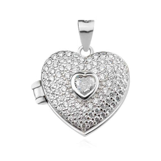 сребърен медальон, сърце, цирконий, родиево покритие, отварящ медальон