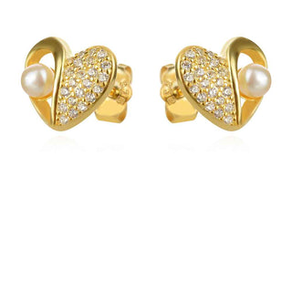 сребърни обеци, цирконий, перла, сърце, жълта позлата