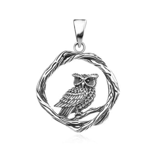 сребърен медальон, без камък, оксидирано сребро, сова