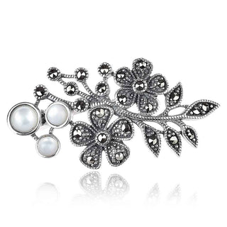 сребърна брошка с марказити и седеф