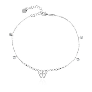 сребърна гривна за глезен, цирконий, родиево покритие, висящи елементи