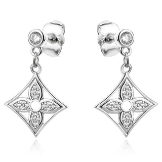 сребърни обеци, цирконий, родиево покритие, висящи обеци, цвете