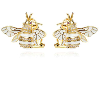 сребърни обеци, пчела, жълта позлата, цирконий, бял емайл,