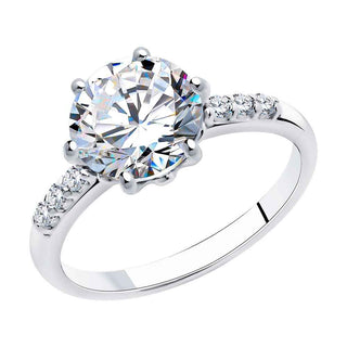 нежен сребърен пръстен, тип годежен, родиево покритие, CZ Swarovski, sokolov,