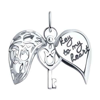 сребърен медальон, без камък, сърце, ключ, отварящ се медальон, родиево покритие, Sokolov