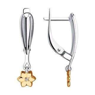 нежни сребърни обеци, цвете, диаманти, родиево покритие, жълта позлата, sokolov,