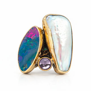 Сребърен пръстен - Opal, Baroque Pearl & Amethyst