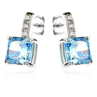 сребърни обеци, син мойсанит, цирконий, родиево покритие, квадратна форма