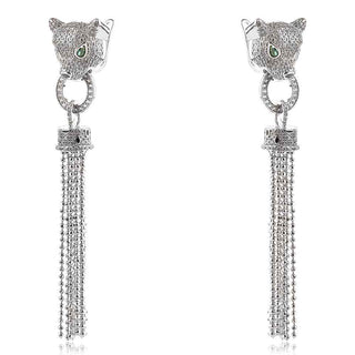 сребърни обеци, пантера, висящи, цирконии