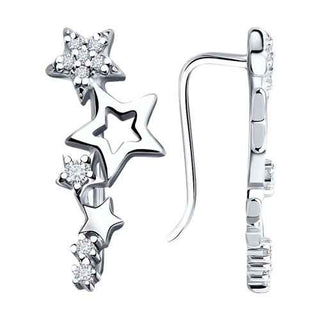 сребърни обеци, звезди, цирконий, родиево покритие, тип фиба, sokolov,