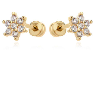 златни обеци, жълто злато, цирконий, подходящи за дете, цвете