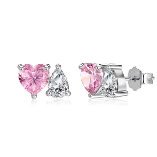 Сребърни обеци с розово сърце и бяла капка – Toi et Moi Pink Duo