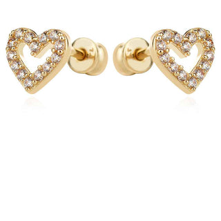 златни обеци, жълто злато, цирконий, подходящи за дете, сърце