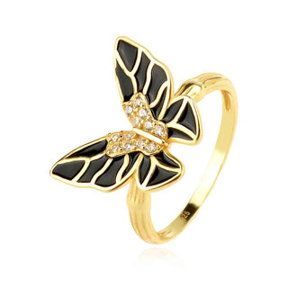 сребърен пръстен, пеперуда, жълта позлата, цирконий, цветен емайл,