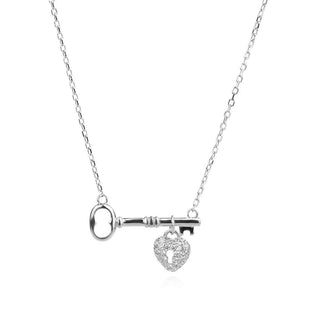 сребърно колие, цирконий, родиево покритие, ключ, сърце