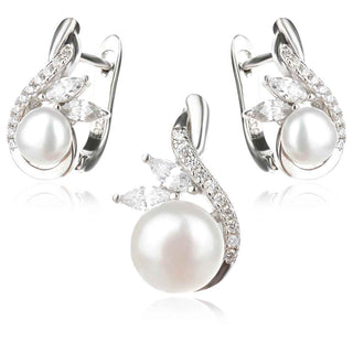 сребърен комплект, бяла перла, цирконий, родиево покритие,