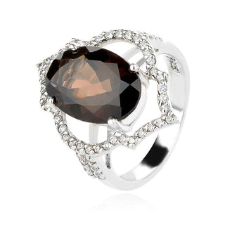 сребърен пръстен, опушен кварц, цирконий, родиево покритие