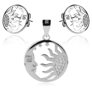 сребърен комплект, слънце и луна, цирконии, родиево покритие,