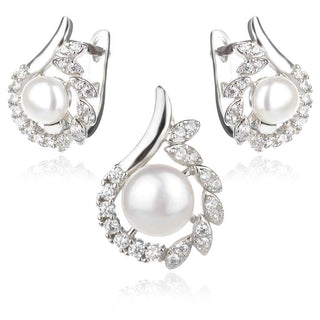 сребърен комплект, бяла перла, цирконий, родиево покритие