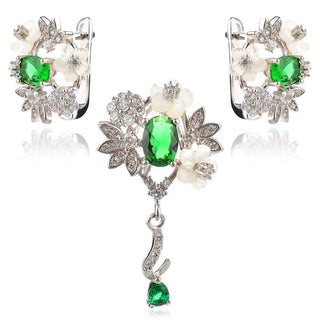 сребърен комплект, цветя, седеф, родиево покритие, цирконии