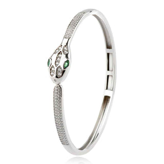 твърда сребърна гривна, змия, по модел на BVLGARI , цирконии, родиево покритие,