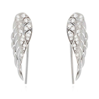 сребърни обеци, обеци тип фиба, цирконий, родиево покритие, ангелско крило,