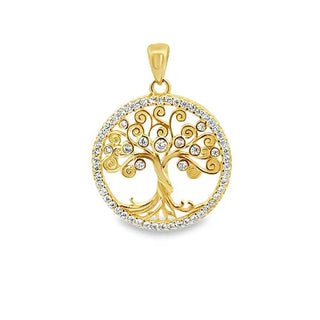 A gold tree pendant with diamonds.
