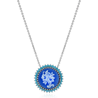 сребърно колие, керамика, тюркоаз, флорални мотиви, родиево покритие,