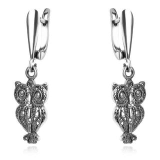 висящи сребърни обеци, сова, без камък, оксидирано сребро, Алгара,