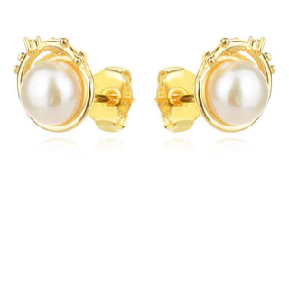 сребърни обеци, бяла перла, цирконий, жълта позлата