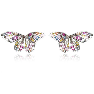 атрактивни сребърни обеци, пеперуда, цветен цирконий, родиево покритие