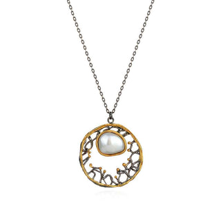 сребърно колие, естествени камъни, перла барок, покритие от рутений, жълта позлата