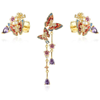 сребърен комплект, жълта позлата, емайл, пеперуда, Amore Arte,