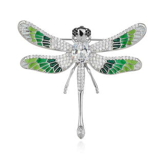 сребърна брошка, цирконий, емайл, родиево покритие, водно конче