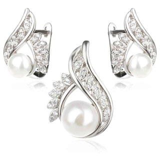 сребърен комплект, бяла перла, цирконий, родиево покритие