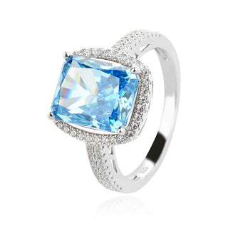 сребърен пръстен, син мойсанит, цирконий, родиево покритие,