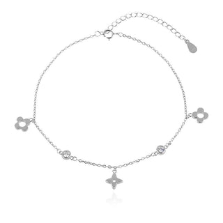 сребърна гривна за глезен, цирконий, родиево покритие, висящи елементи