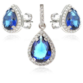 нежен сребърен комплект, бял и син циркон, капка, родиево покритие,