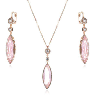 елегантен сребърен комплект, розов кварц, цирконий, розова позлата, подходящи за повод
