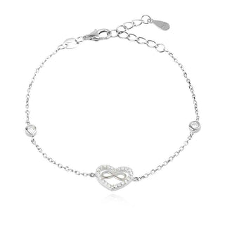 сребърна гривна, цирконий, родиево покритие, сърце, знак безкрайност