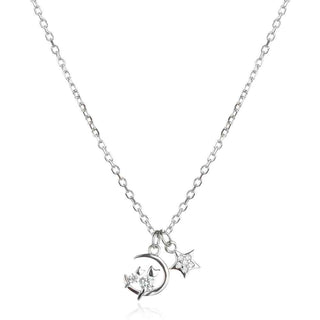 сребърно колие, коте, луна и звезда, цирконий, родиево покритие