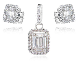 нежен сребърен комплект, цирконий багета, родиево покритие, квадратна форма,