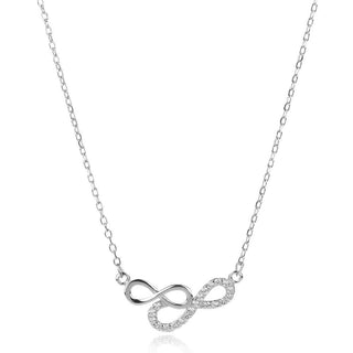нежно сребърно колие, знак безкрайност, цирконий, родиево покритие,