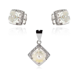 сребърен комплект, цвете, бял седеф, родиево покритие,