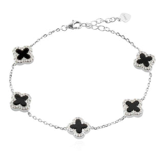 сребърна гривна, оникс, цирконий, родиево покритие, цвете