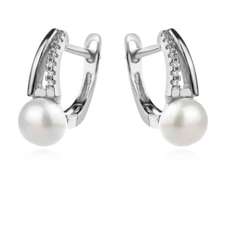 сребърни обеци, бяла перла, родиево покритие, цирконий