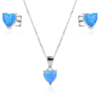 сребърен комплект, син опал, сърце, родиево покритие