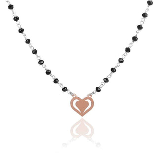 сребърно колие сърце розова позлата и оникс